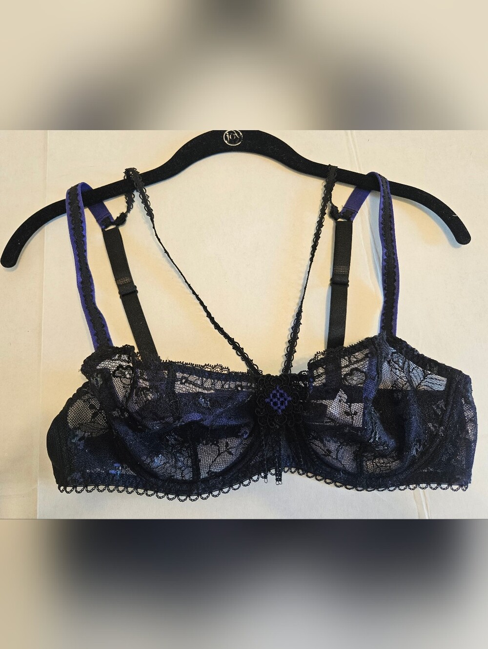 Aubade Paris Black Royal Blue Lace Strappy Demi Underwire Bra Size 34D